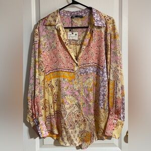 NWT Zara Paisley Floral Buttoned Collared Long Sleeved Blouse Size Large
